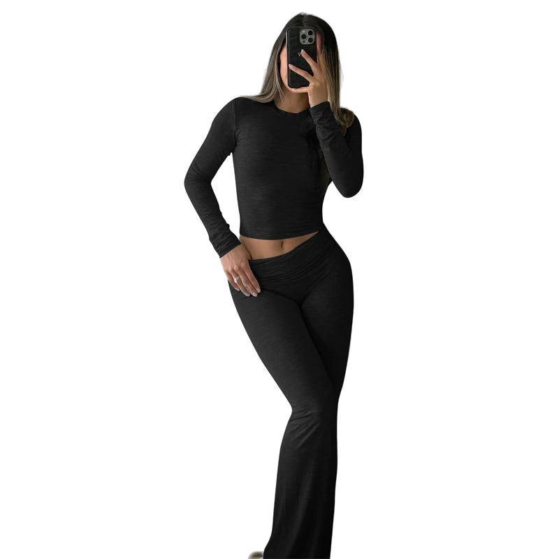 Comfy Cotton Lounge Wear Women Clothes High Stretch Slim Crop Top and Skinny Flare Leg Pants Suit Gym Fitness 2 Two Piece Sets