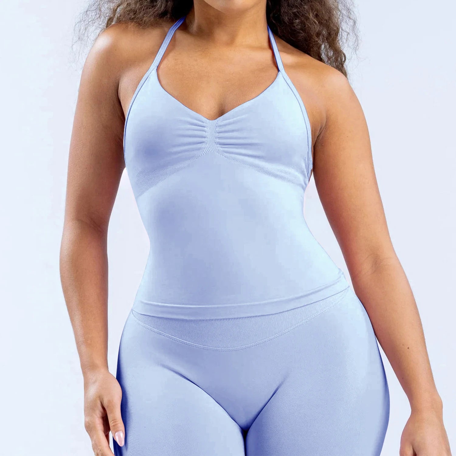 Women Seamless Yoga 2 Piece Set Halter V Neck Ruched Cami Top High Waist Stretch Leggings Gym Workout Fitness Activewear Outfit