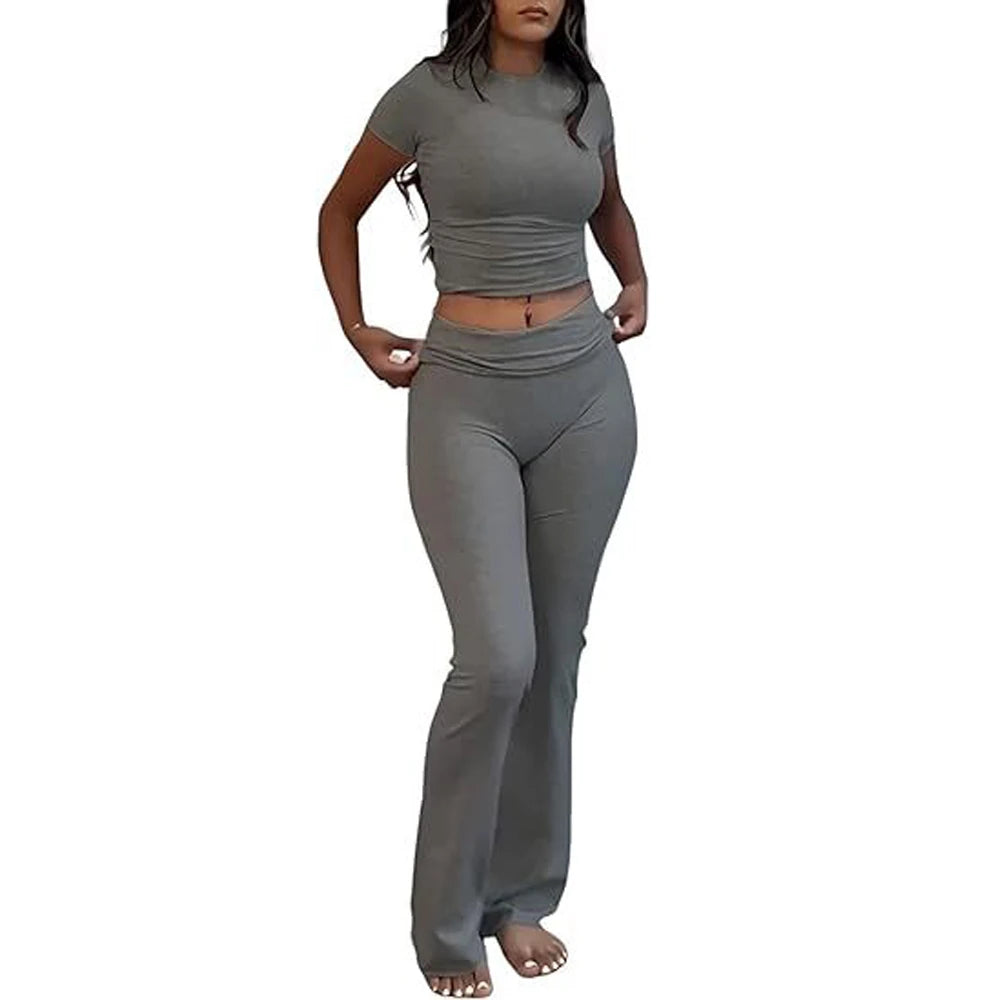 Comfy Cotton Lounge Wear Women Clothes High Stretch Slim Crop Top and Skinny Flare Leg Pants Suit Gym Fitness 2 Two Piece Sets