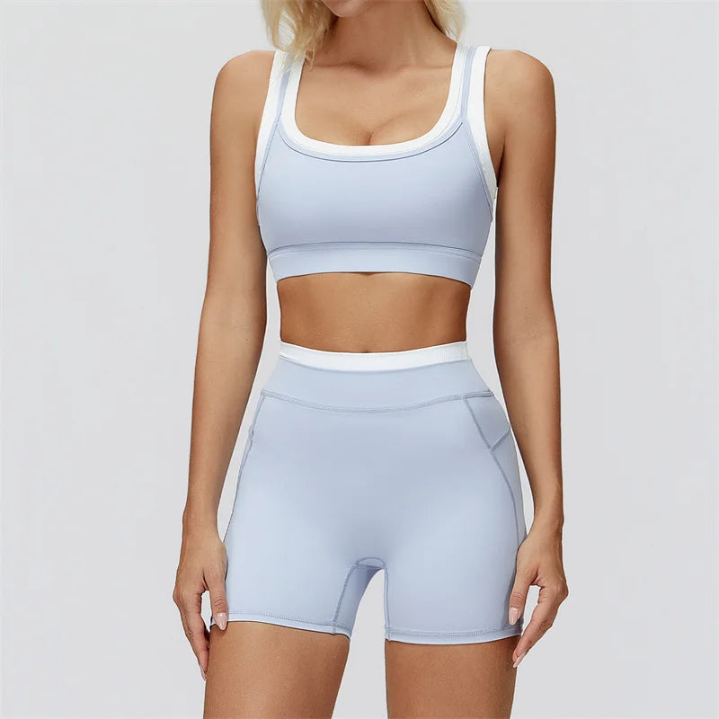 TRY TO BN Yoga Shorts Sets Women's Tracksuit Two Fake Pieces Sports Ribbed Contrasting Color Workout Running Fitness Gym Clothes