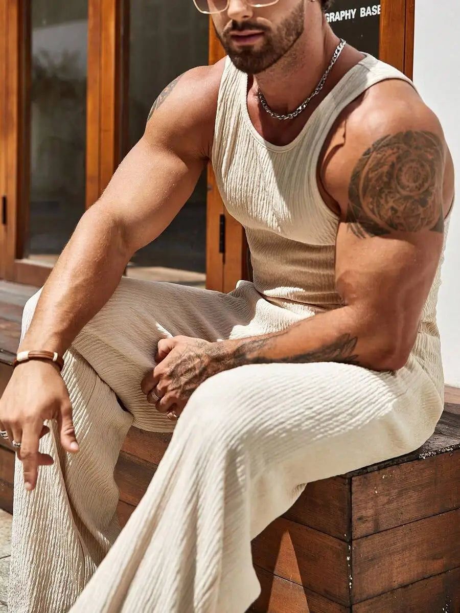 Men Solid Tank Top And Pants Set Sleeveless Ribbed Two Piece Outfit