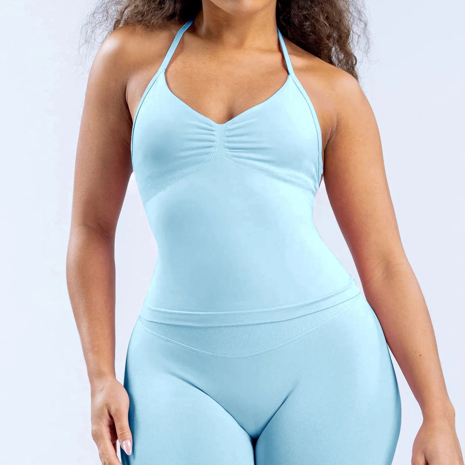 Women Seamless Yoga 2 Piece Set Halter V Neck Ruched Cami Top High Waist Stretch Leggings Gym Workout Fitness Activewear Outfit