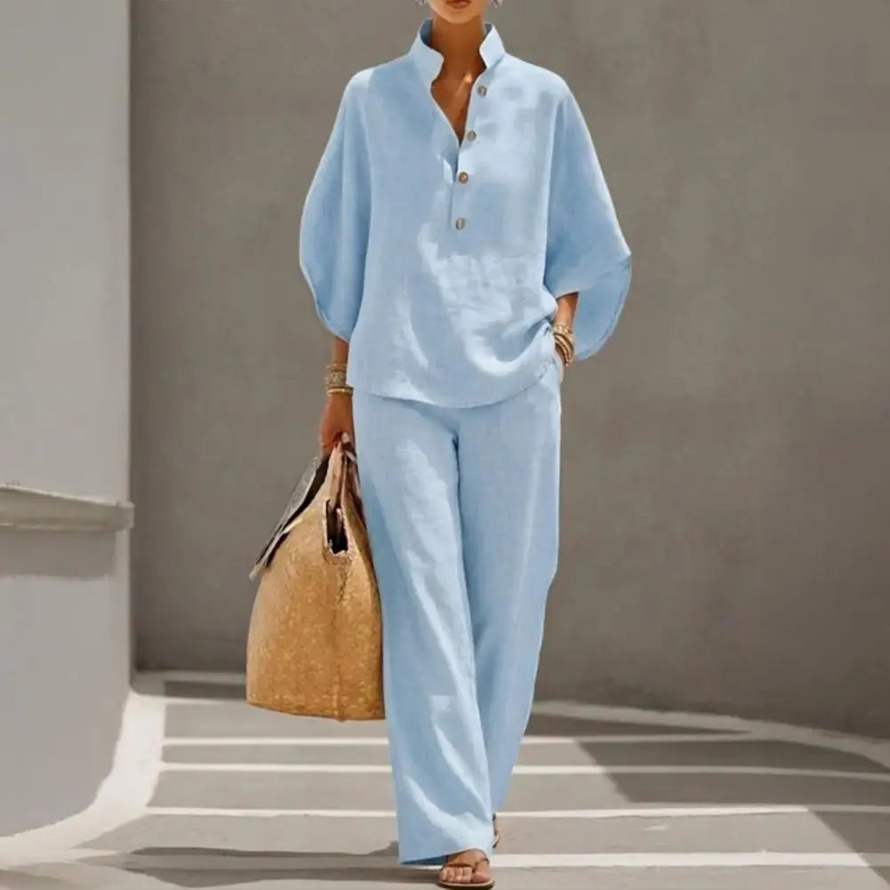 Women's Batwing Sleeve Linen Two-Piece Set Casual Shirt And Wide Leg Pants Outfit Summer Vacation Lounge Sets