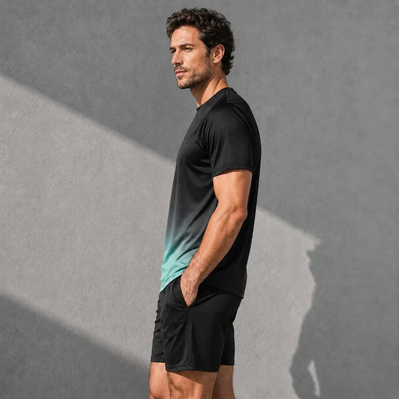 Men Quick Dry Sportswear Set 2 Piece Gradient T Shirt Shorts Lightweight Polyester Summer Gym Running Training Tracksuit