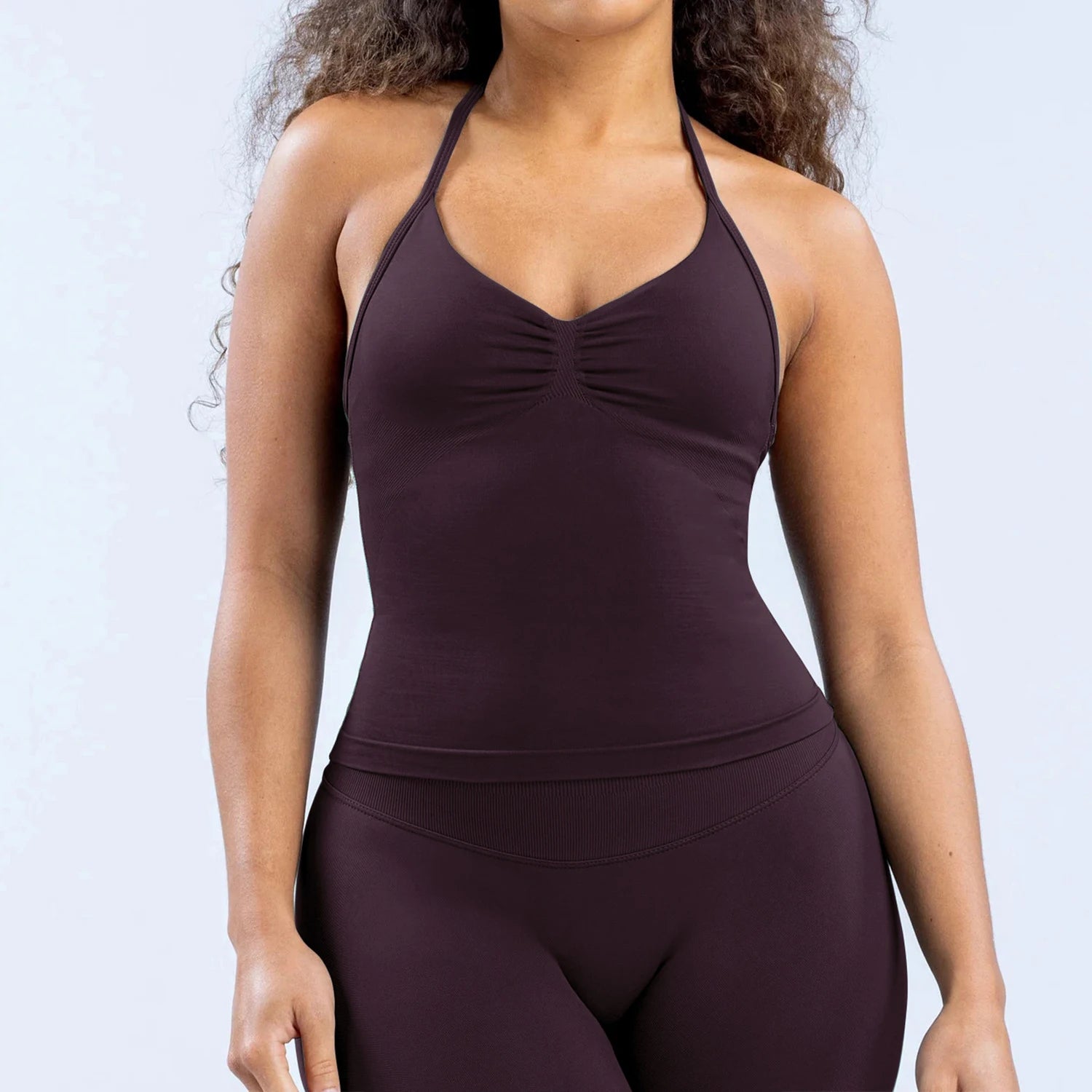 Women Seamless Yoga 2 Piece Set Halter V Neck Ruched Cami Top High Waist Stretch Leggings Gym Workout Fitness Activewear Outfit