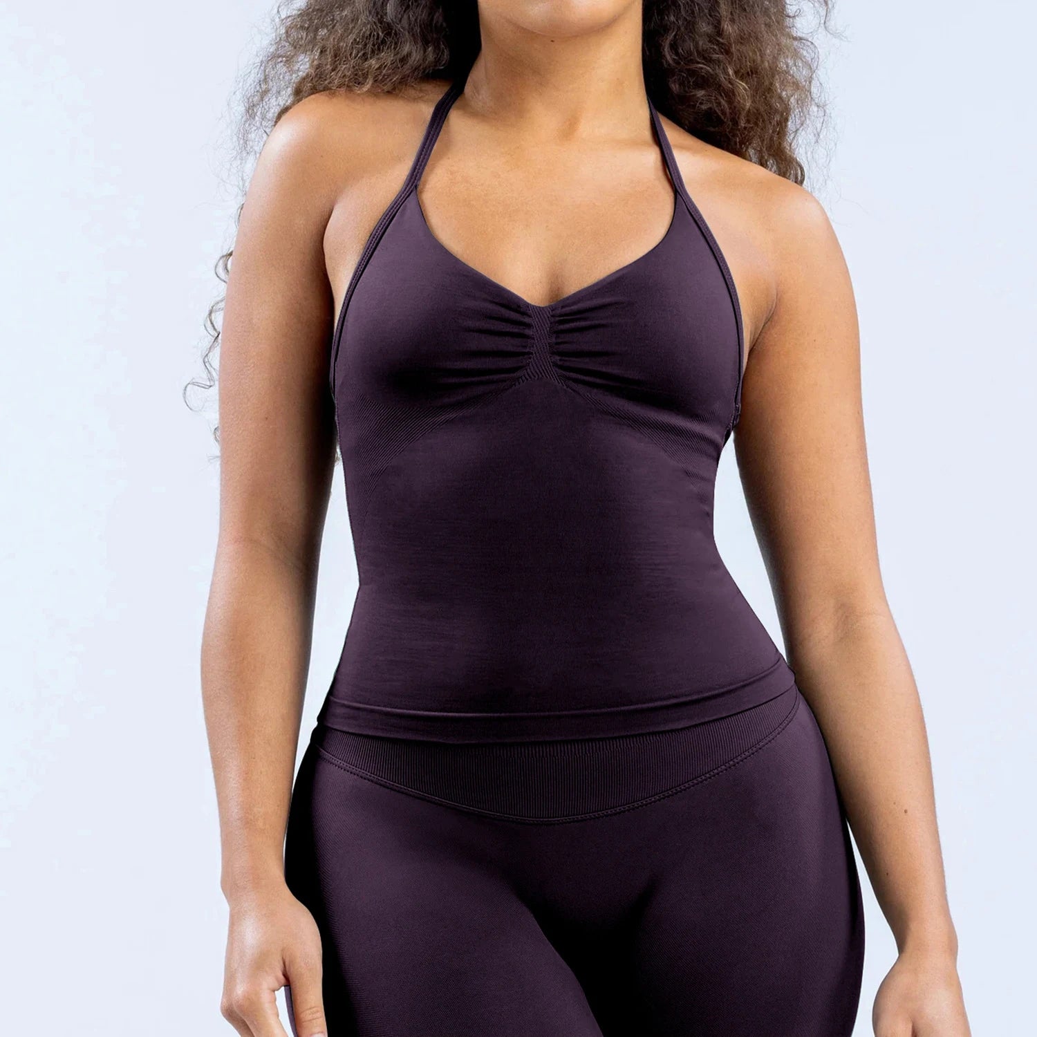 Women Seamless Yoga 2 Piece Set Halter V Neck Ruched Cami Top High Waist Stretch Leggings Gym Workout Fitness Activewear Outfit