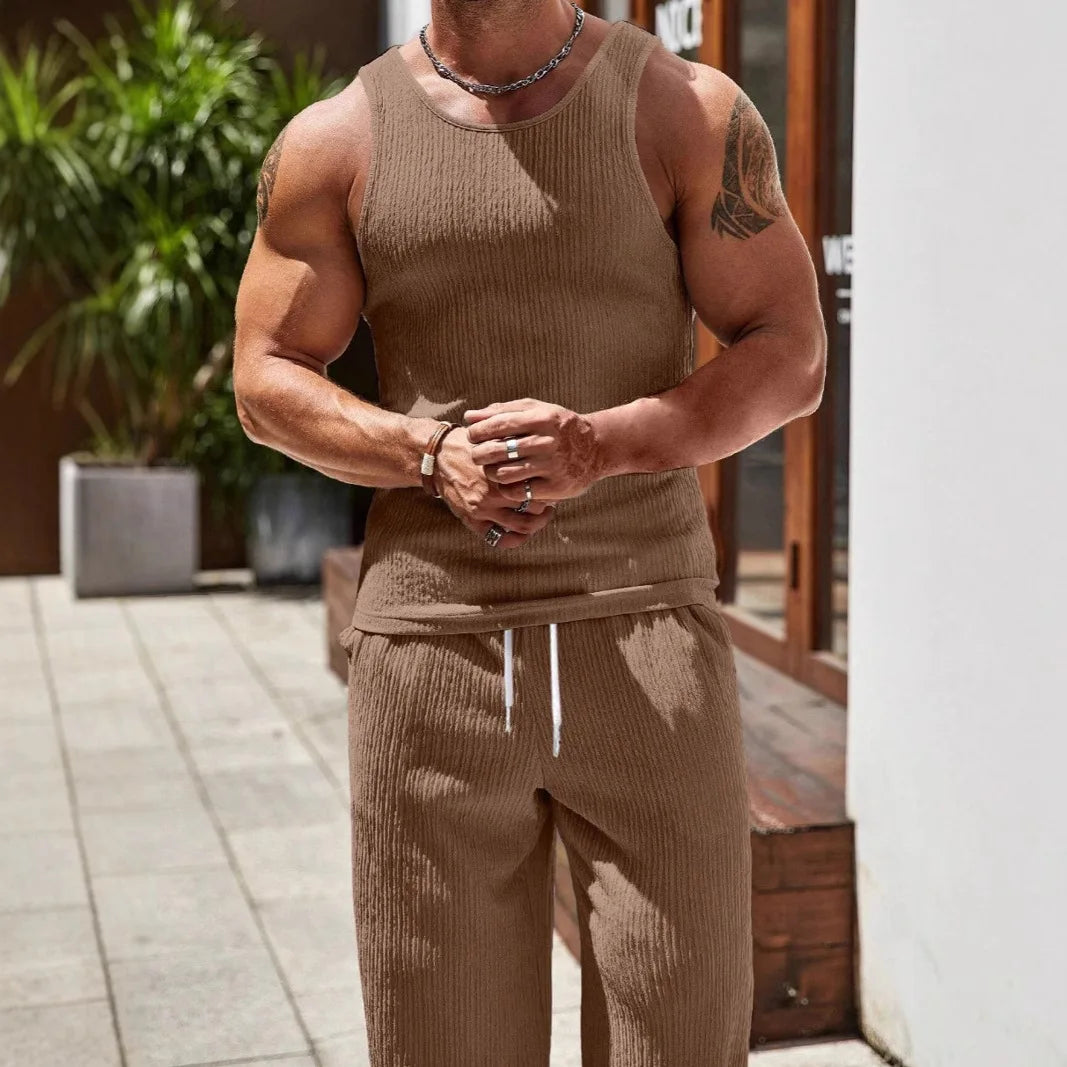 2026 Spring Summer Men's Slim Fit Tank Top Gym Vest Set Sport Suit Tracksuit Bodybuilding Muscle Tops Blouse